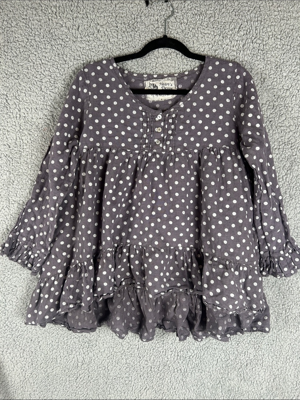 Heart’s Desire by Mary Grace Polka Dot 100% Linen Ruffled Flowy Fit Top Size S - Picture 16 of 16